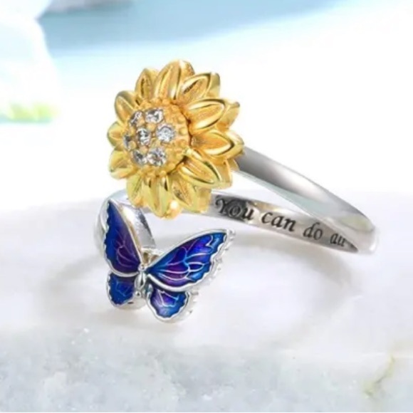 3/$25 “You Can Do All Things” Sunflower and butterfly Open Adjustable Ring - Picture 4 of 10